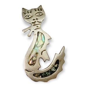 Alpaca Mexico Abalone Shell Vintage Cat Pin Brooch